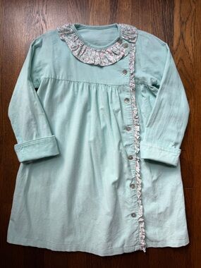 Hannah Kate Mint Green Cord Button-Front Dress with Floral Trim
